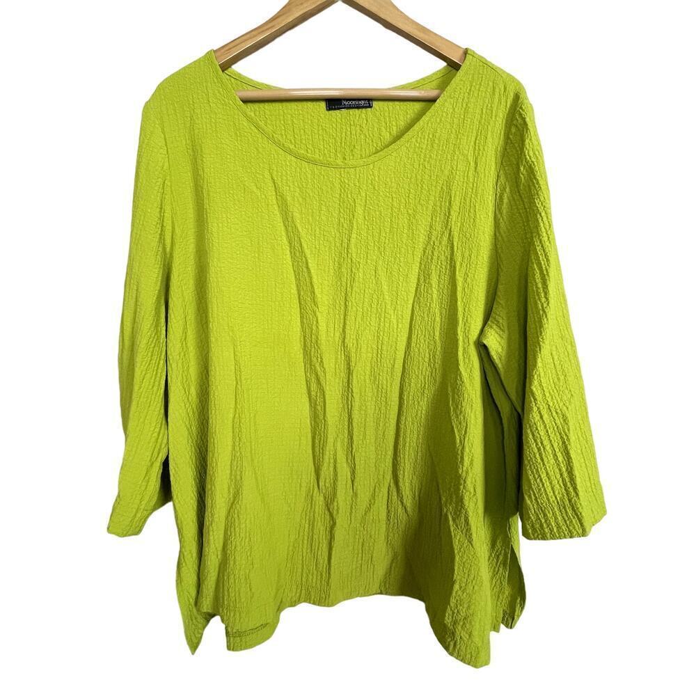 Moonlight Y S Fashion Top Tunic Size L Pea Green Crinkle 3/4 Sleeve Oversized